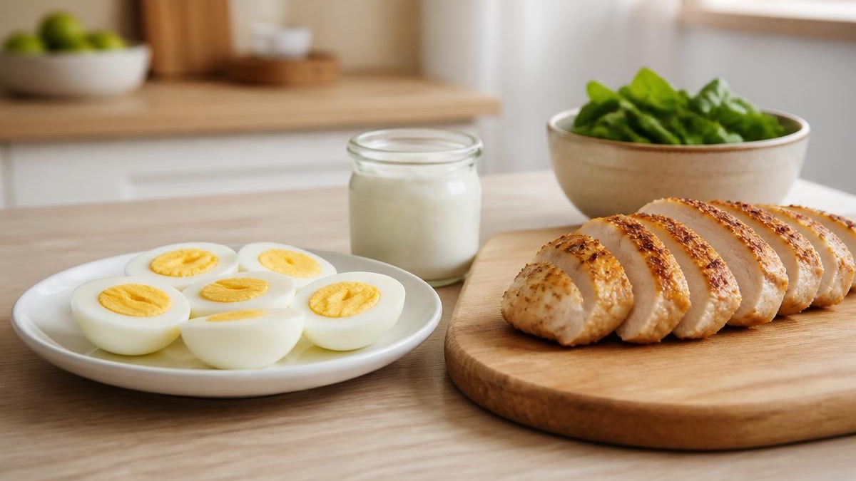 Refeição rica em proteína sobre bancada de madeira clara com ovos cozidos partidos ao meio em prato branco, pote de vidro com iogurte natural, peito de frango grelhado fatiado em tábua e tigela pequena com folhas verdes
