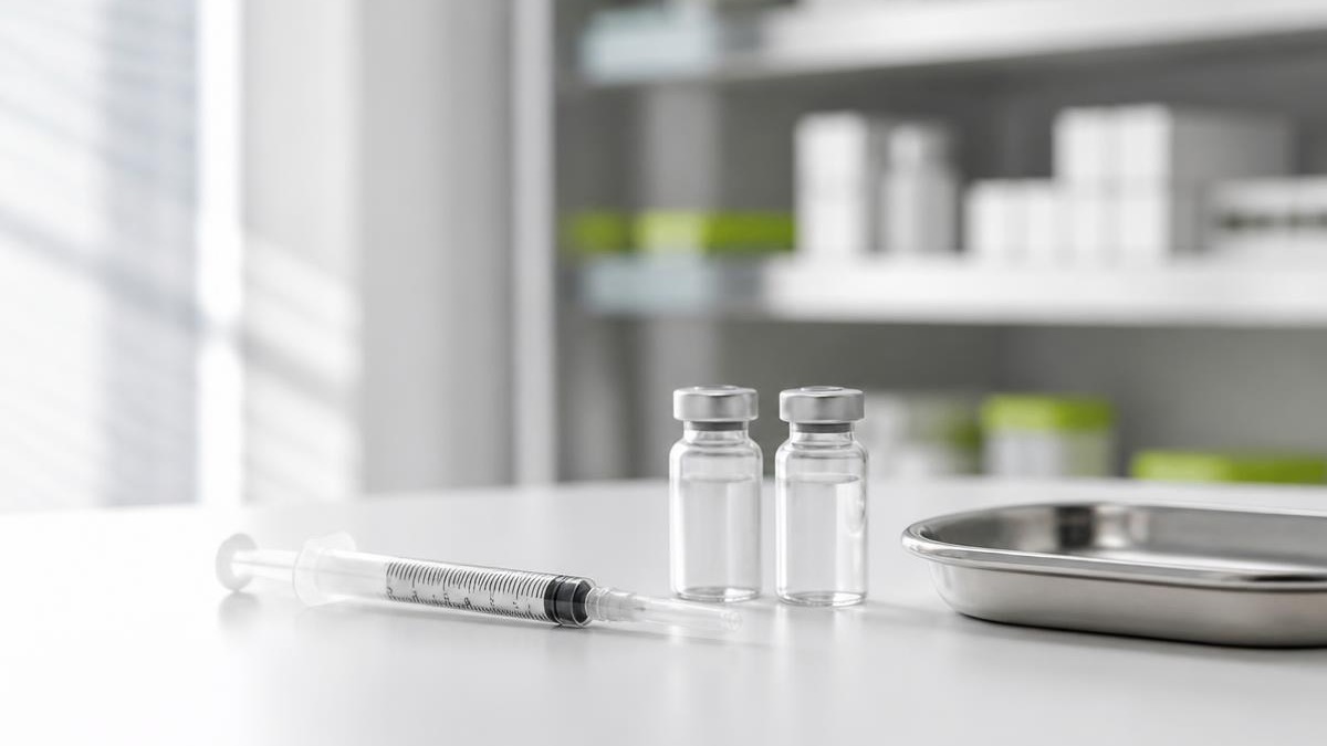 Seringa de precisão graduada vazia apoiada em bancada branca de laboratório ao lado de dois frascos de vidro transparentes sem rótulo e pequena bandeja metálica