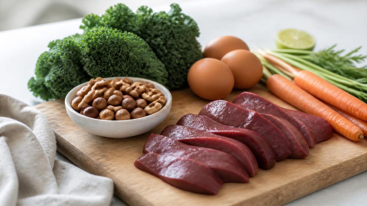 Folhas verdes escuras, castanhas, ovos, cenouras e fatias de carne vermelha crua bem apresentadas sobre tábua de madeira clara, sob luz natural lateral em composição clean