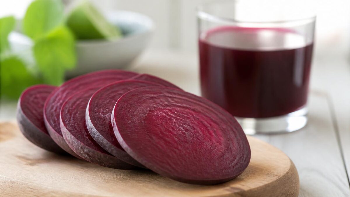Beterrabas fatiadas em rodelas finas sobre tábua de madeira clara com copo de vidro contendo suco vermelho escuro desfocado ao fundo