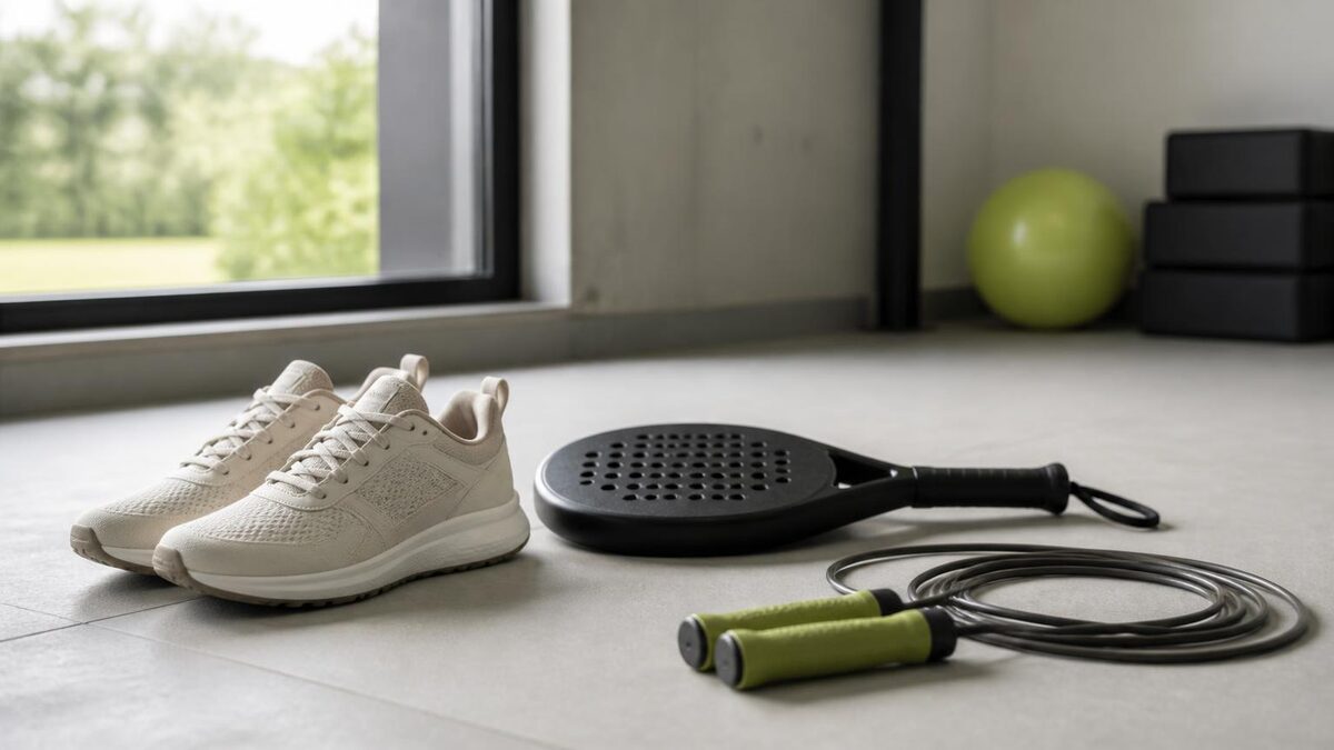 Tênis de corrida neutro, raquete de padel e corda de pular dispostos sobre piso claro de academia vazia com luz natural entrando por janela ampla