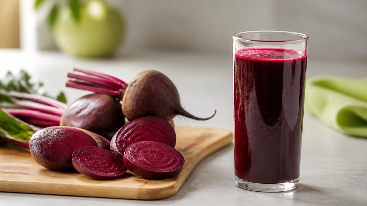 Beterrabas cruas inteiras e fatiadas sobre tábua de madeira clara ao lado de copo de vidro alto com suco vermelho escuro, em bancada clara com luz natural