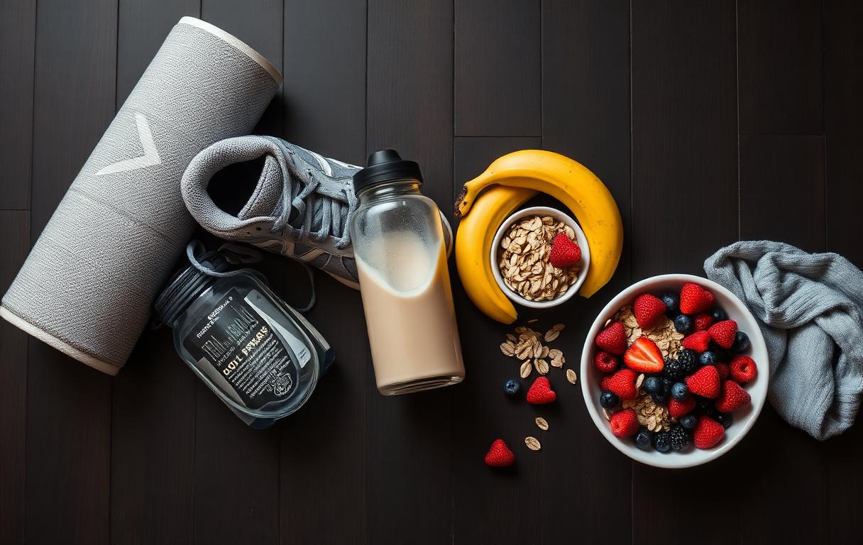 Tênis esportivo, shaker com whey, banana, aveia e bowl de frutas vermelhas em piso escuro de madeira