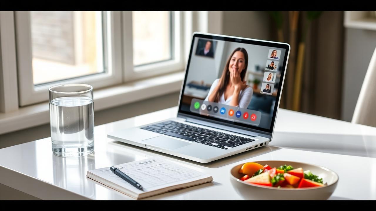 Notebook sobre mesa branca mostrando uma videochamada de consulta nutricional ao lado de copo de água e bowl com alimentos saudáveis