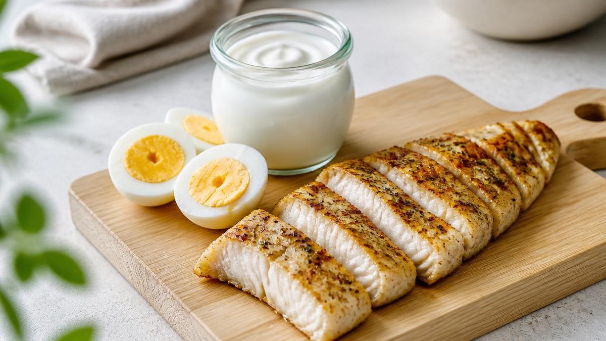 Filé de peixe branco grelhado fatiado sobre tábua de madeira clara, ao lado de ovos cozidos cortados ao meio e um pote de iogurte natural