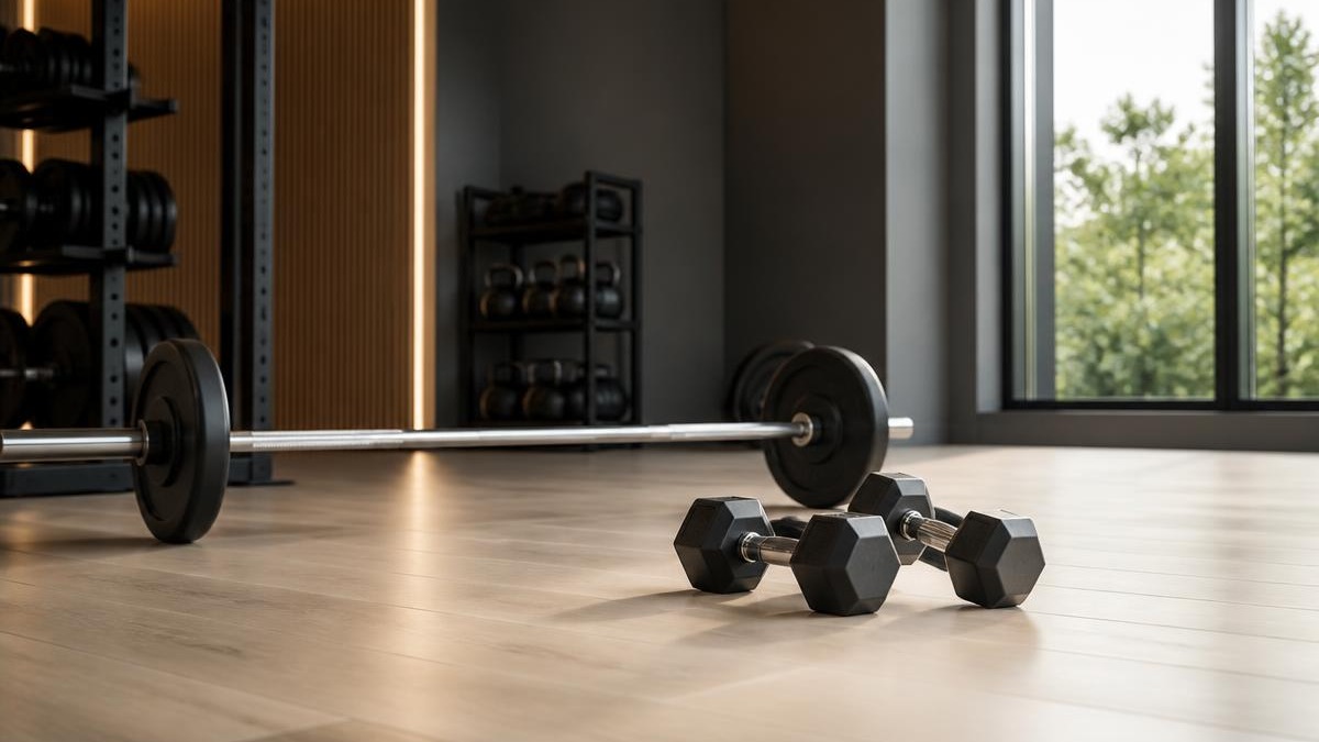 Par de halteres e barra com anilhas apoiados no piso claro de uma sala de treino vazia com luz natural