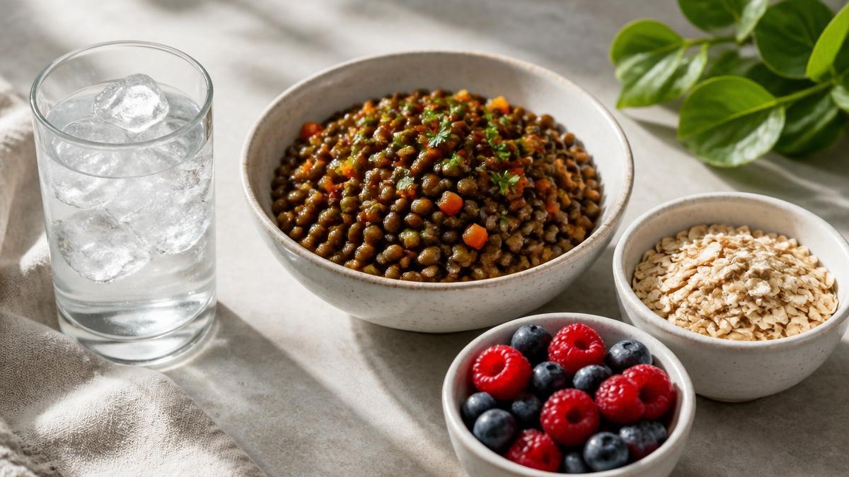Copo de água com gelo ao lado de tigela de lentilhas cozidas, tigela de aveia e frutas vermelhas sobre bancada de pedra clara