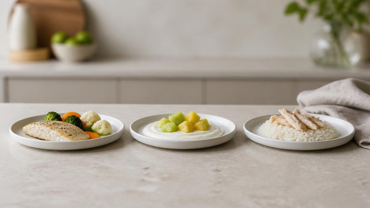 Três pratos brancos pequenos alinhados sobre bancada de pedra clara, cada um com uma porção reduzida de comida simples, sugerindo refeições fracionadas ao longo do dia