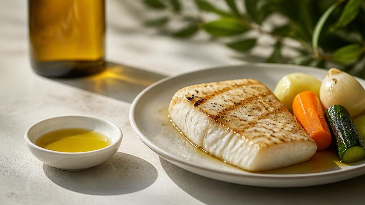 Tigela branca com azeite de oliva extra virgem sobre bancada de pedra clara, ao lado de filé de peixe grelhado em prato branco e legumes descascados cozidos no vapor, sob luz natural lateral