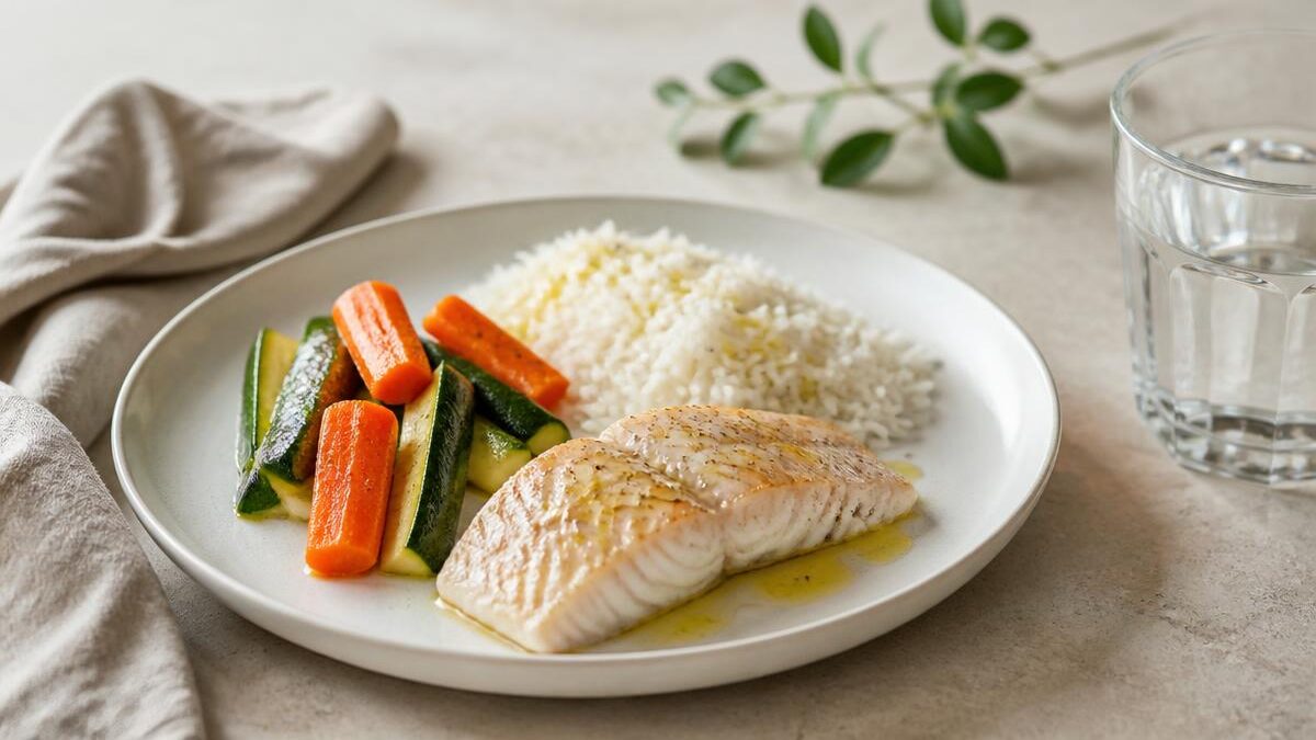Refeição leve de porção pequena em prato branco fosco sobre bancada de pedra clara, com filé de peixe branco grelhado, arroz e legumes cozidos no vapor, ao lado de um copo de água, sob luz natural lateral