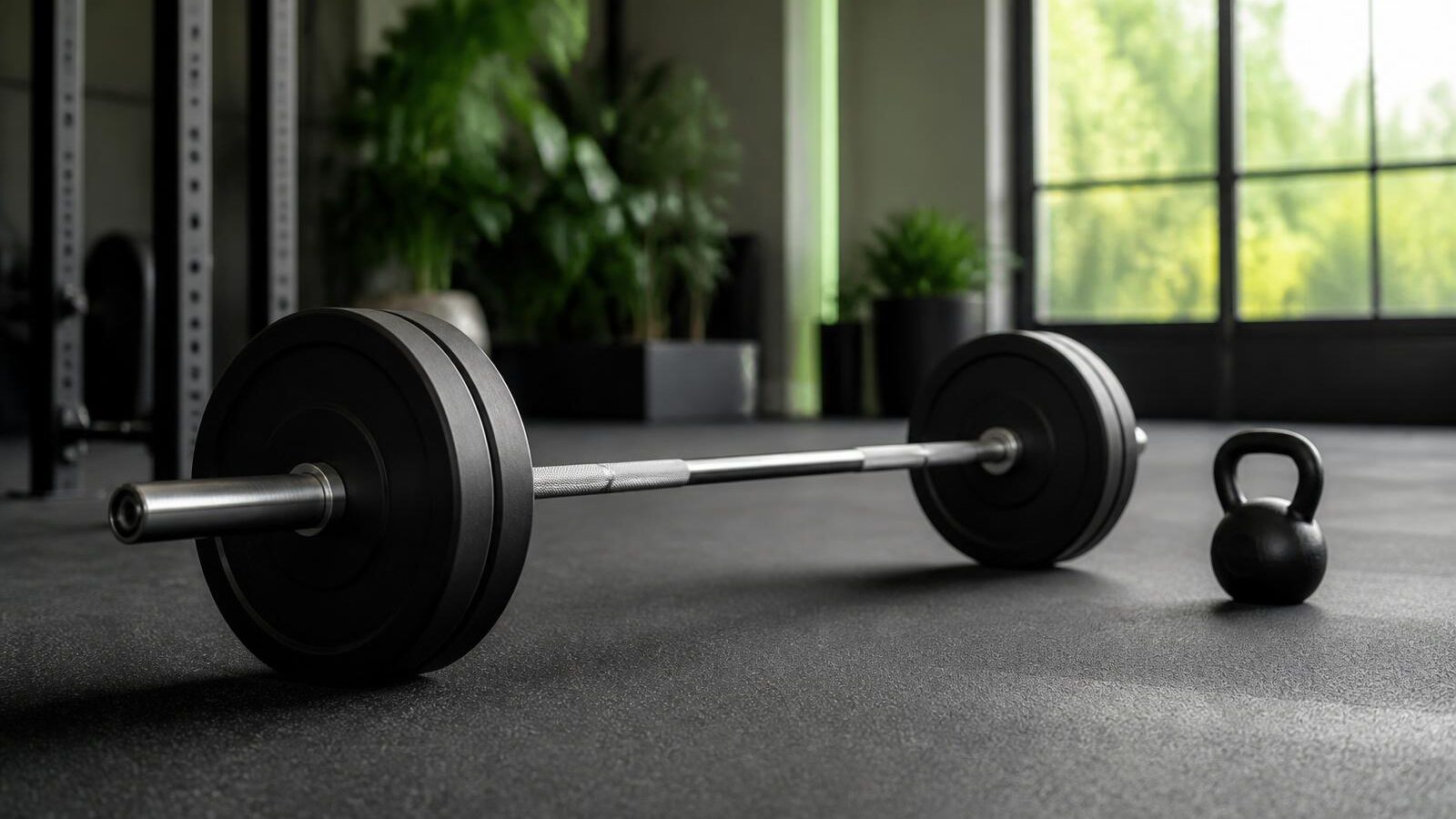 Barra olímpica com anilhas apoiada no piso de borracha de uma academia vazia ao lado de um kettlebell, com luz natural entrando por uma janela grande ao fundo