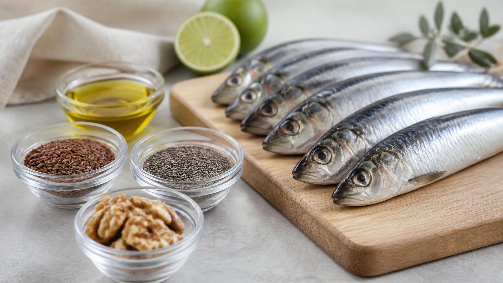 Tábua de madeira clara com sardinhas frescas inteiras ao lado de potinhos de vidro com sementes de linhaça, chia e nozes, e um pequeno recipiente com azeite