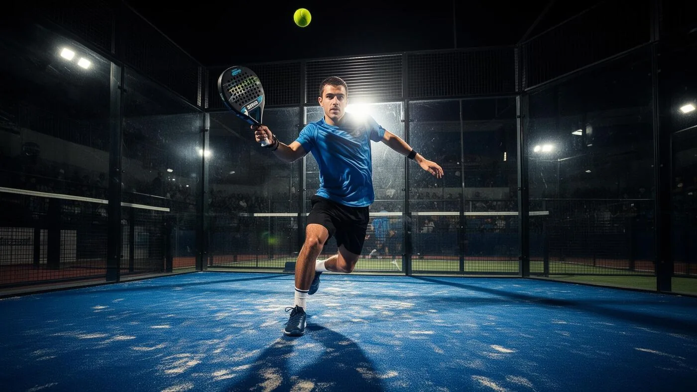 Jogador de padel rebatendo a bola dentro de quadra de vidro com iluminação dramática