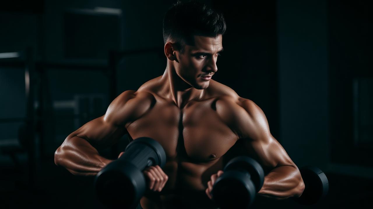 Atleta com musculatura definida segurando halteres em academia com iluminação dramática