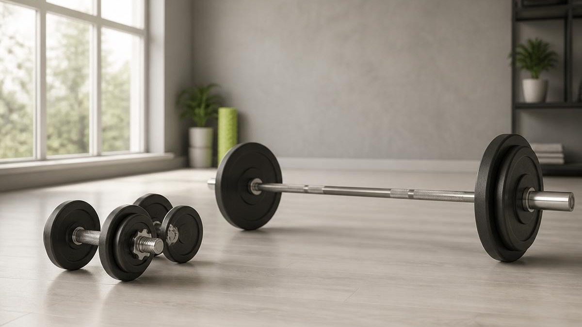 Par de halteres de metal e barra com anilhas apoiados no piso claro de uma sala de treino vazia com janela grande e luz natural ao fundo