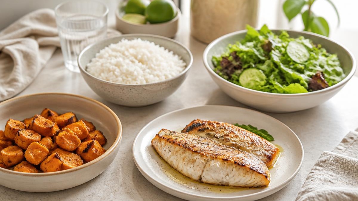Mesa com refeição equilibrada sobre bancada de pedra clara, com travessa de batata doce assada em cubos, tigela de arroz, filé de peixe grelhado e salada verde