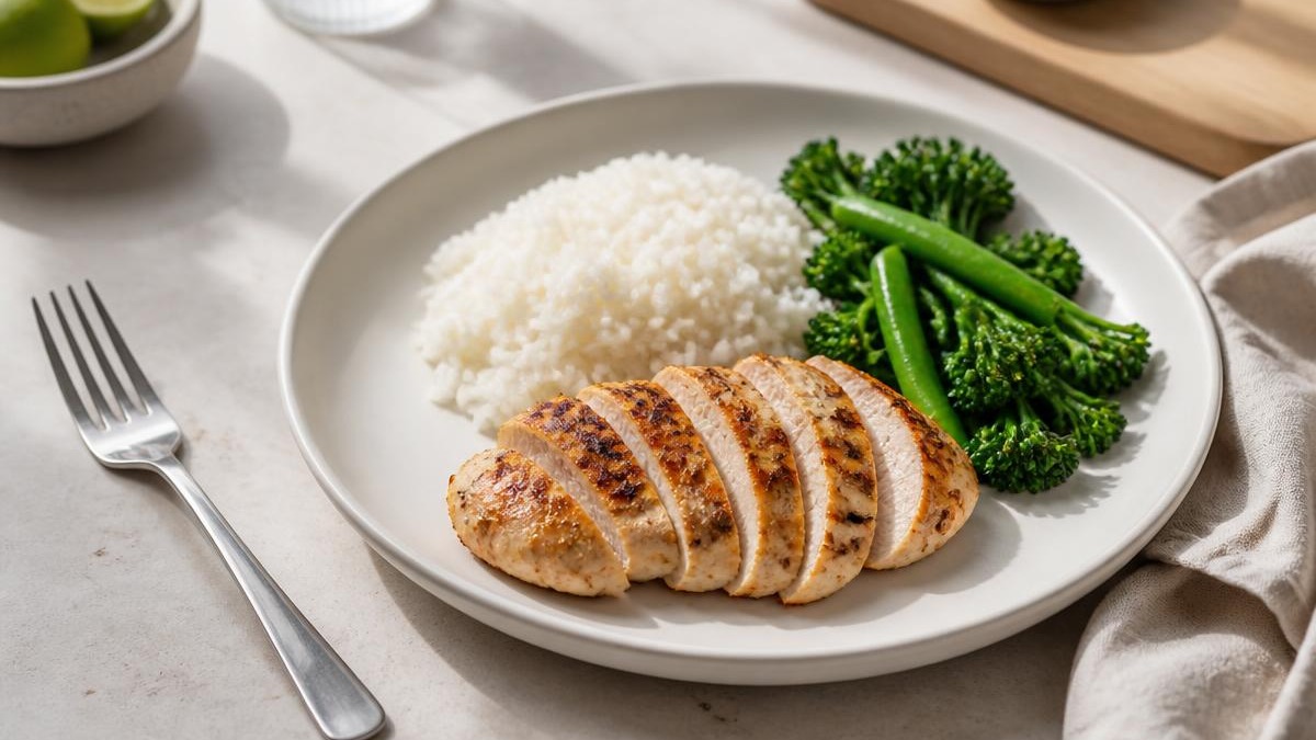 Prato branco com porção controlada de frango grelhado fatiado, arroz e legumes verdes sobre bancada de pedra clara, com garfo apoiado ao lado