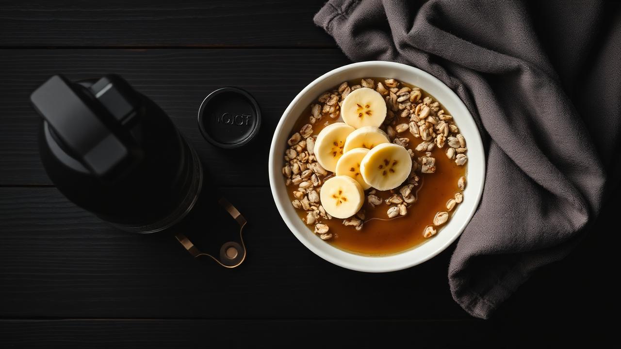 Bowl de aveia com banana e mel ao lado de coqueteleira preta sobre mesa de madeira escura, vista de cima