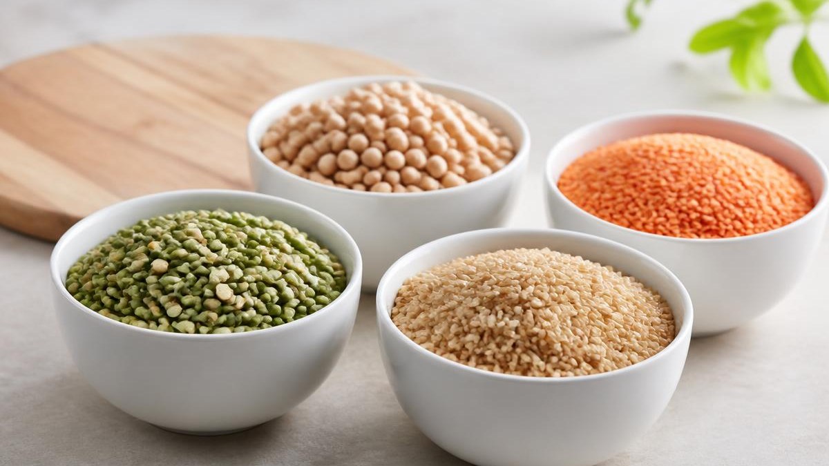 Tigelas brancas de cerâmica sobre bancada de pedra clara contendo separadamente ervilha seca, arroz integral cru, grão de bico e lentilha vermelha, sob luz natural lateral