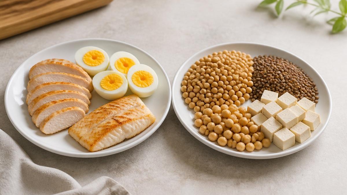 Bancada de pedra clara com fontes de proteína animal de um lado, frango grelhado fatiado, ovos cozidos e filé de peixe, e fontes de proteína vegetal do outro, soja, lentilha, grão de bico e tofu, servidas em louça branca sob luz natural
