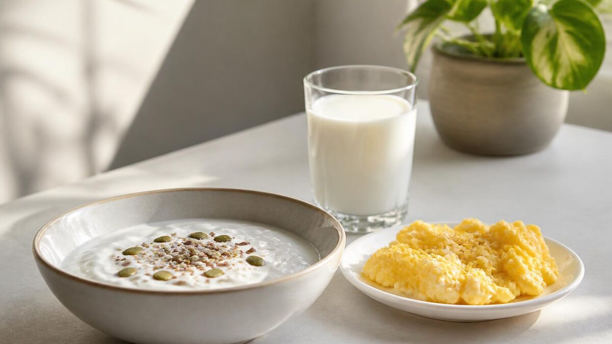 Mesa de café da manhã minimalista com tigela de iogurte natural com sementes, ovos mexidos em prato branco pequeno e um copo de leite sobre bancada clara, com luz natural da manhã