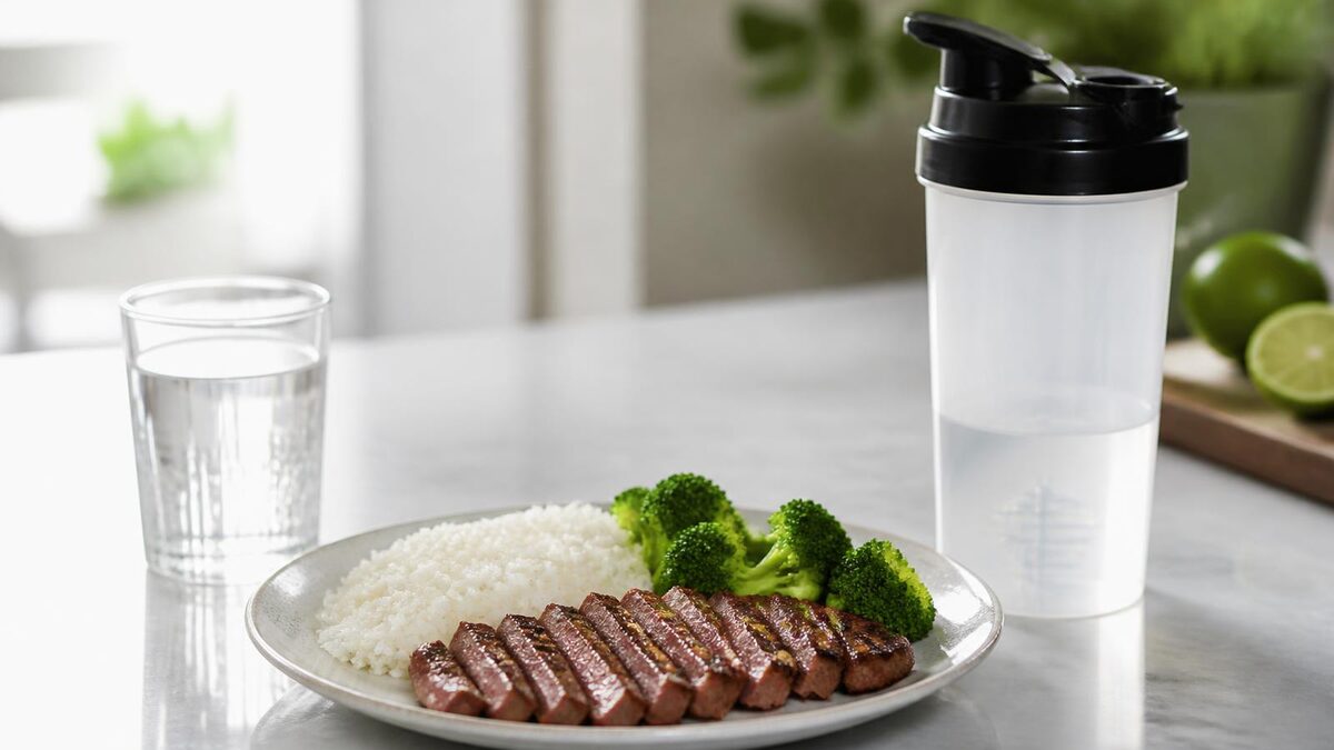 Prato pós treino sobre bancada clara com arroz, filé de carne magra grelhada fatiada e brócolis, ao lado de um copo de água e um shaker transparente sem rótulo