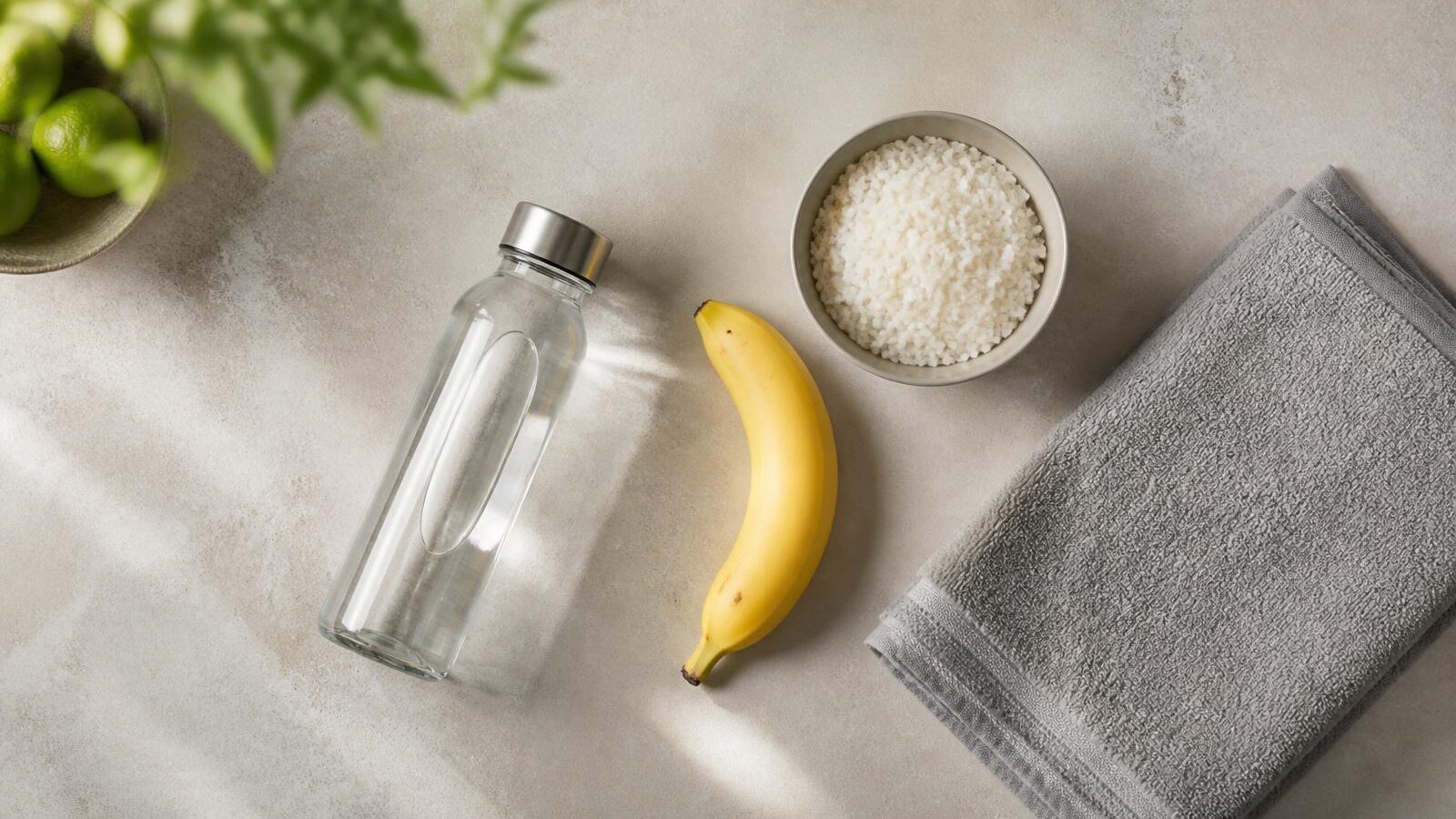 Bancada de pedra clara vista de cima com garrafa de vidro com água, banana, tigela pequena de arroz branco e toalha de treino dobrada ao lado, sob luz natural