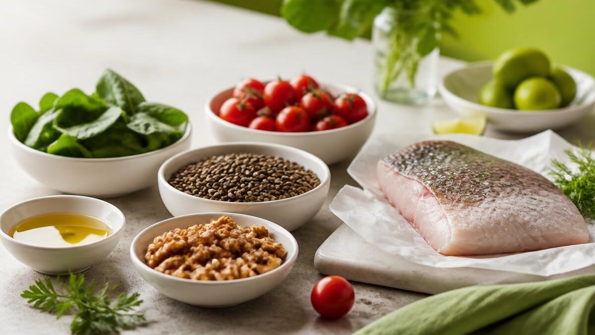 Bancada de pedra clara com tigelas de cerâmica branca contendo azeite de oliva, lentilhas, nozes, tomates e folhas verdes, ao lado de um filé de peixe cru sobre papel manteiga