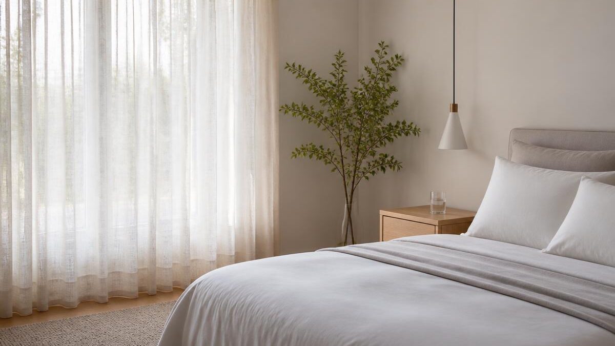 Quarto minimalista com cama arrumada de roupa de cama branca e cinza claro, cortina de linho filtrando luz natural suave da manhã e mesa de cabeceira de madeira clara com um copo de água