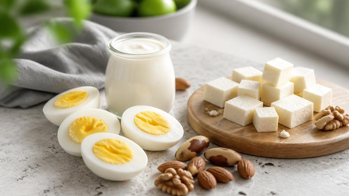 Composição de alimentos ricos em proteína sobre bancada de pedra clara, com ovos cozidos cortados ao meio, iogurte natural, cubos de queijo branco e castanhas