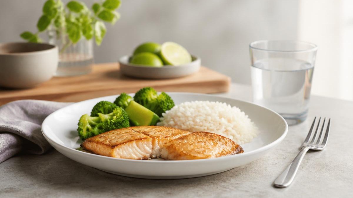 Prato branco com filé de peixe grelhado, porção de arroz e legumes verdes cozidos sobre bancada de pedra clara, com garfo ao lado e copo de água