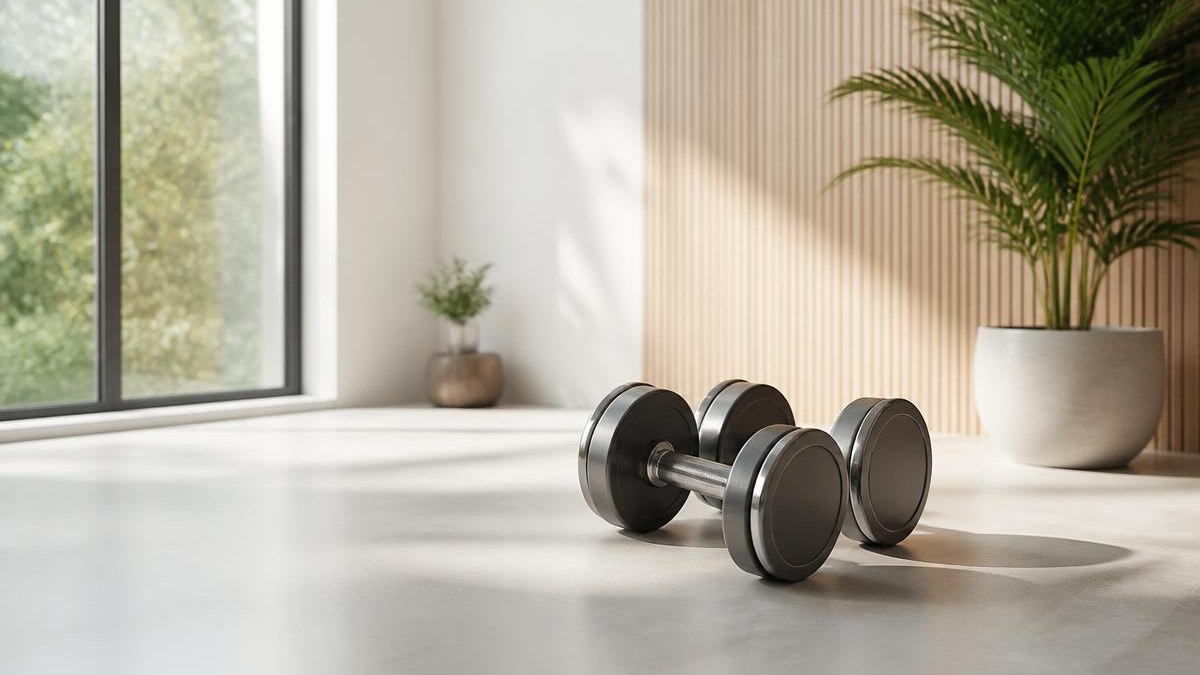 Par de halteres de metal apoiados no piso claro de uma sala de treino vazia e iluminada, com janela grande e planta verde ao fundo