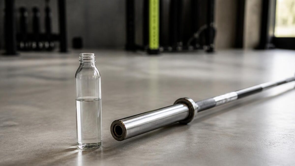 Garrafa de água de vidro transparente meio cheia apoiada no piso de concreto claro de academia vazia ao lado de barra olímpica descarregada, sob luz natural de janela lateral