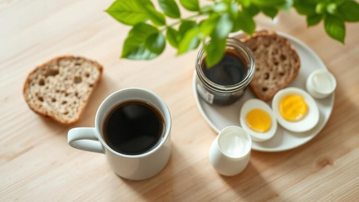 Mesa de café da manhã de madeira clara vista de cima com xícara de café preto, prato com pão integral e ovos cozidos e pote de iogurte natural, tudo intocado sob luz natural