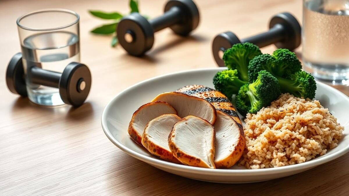 Prato branco com filé de frango grelhado fatiado, arroz integral e brócolis no vapor ao lado de copo de água sobre mesa de madeira clara, com halteres pequenos desfocados ao fundo