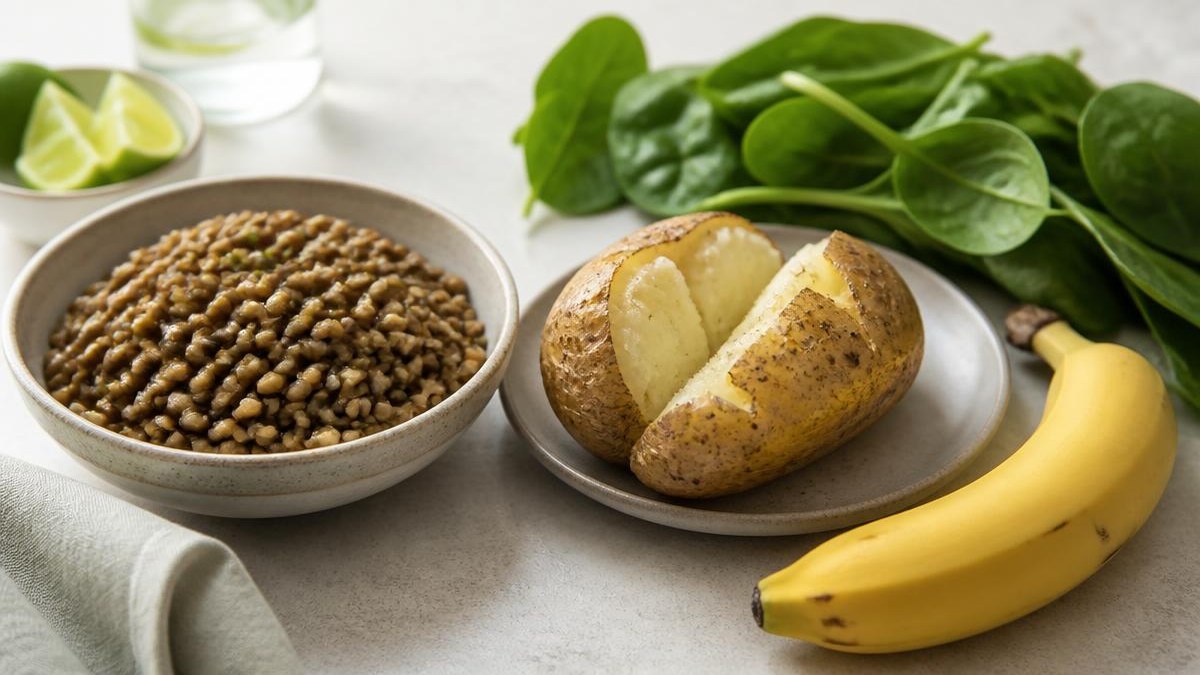 Tigela de cerâmica com lentilhas cozidas ao lado de batata assada partida ao meio, folhas de espinafre frescas e uma banana sobre bancada de pedra clara com luz natural lateral