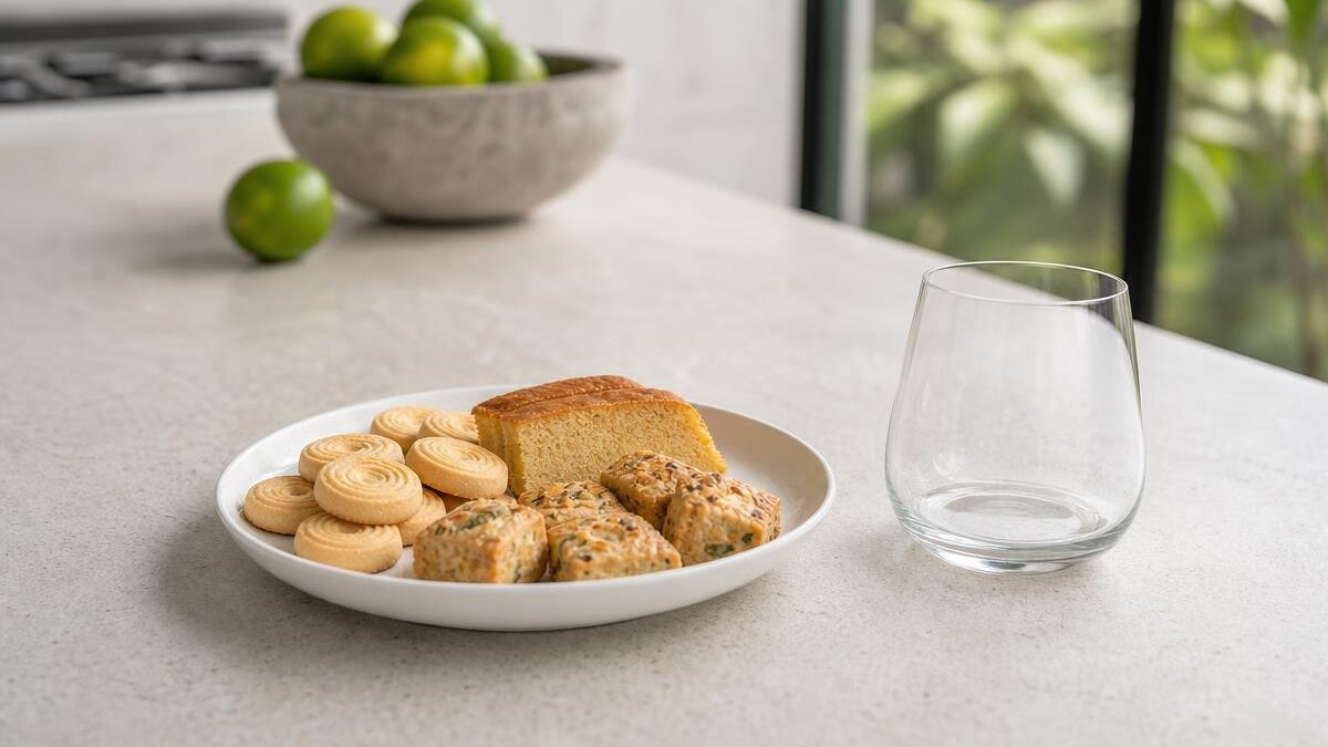 Prato de cerâmica branca com biscoitos amanteigados, fatia de bolo simples e salgadinhos assados sobre bancada de pedra clara, ao lado de copo de vidro vazio, sob luz natural lateral