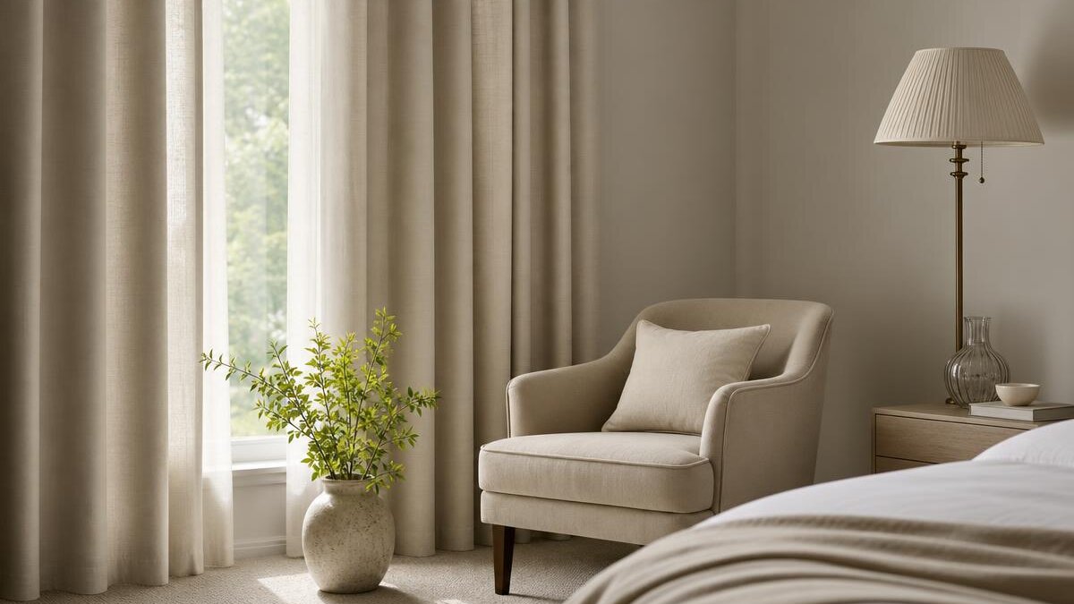 Canto de quarto silencioso e organizado com cortina blackout de tecido claro parcialmente fechada deixando entrar feixe suave de luz natural, poltrona bege e vaso pequeno com folhagem verde