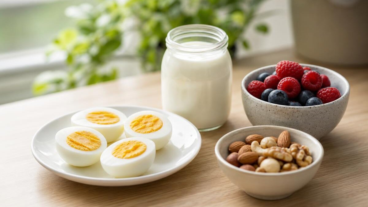 Café da manhã proteico sobre bancada de madeira clara com ovos cozidos partidos ao meio em prato branco, pote de vidro com iogurte natural, frutas vermelhas e castanhas em tigela pequena