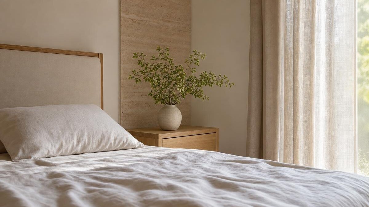 Quarto arrumado e vazio com roupa de cama de linho branco levemente amassada e cortina clara filtrando luz natural da manhã