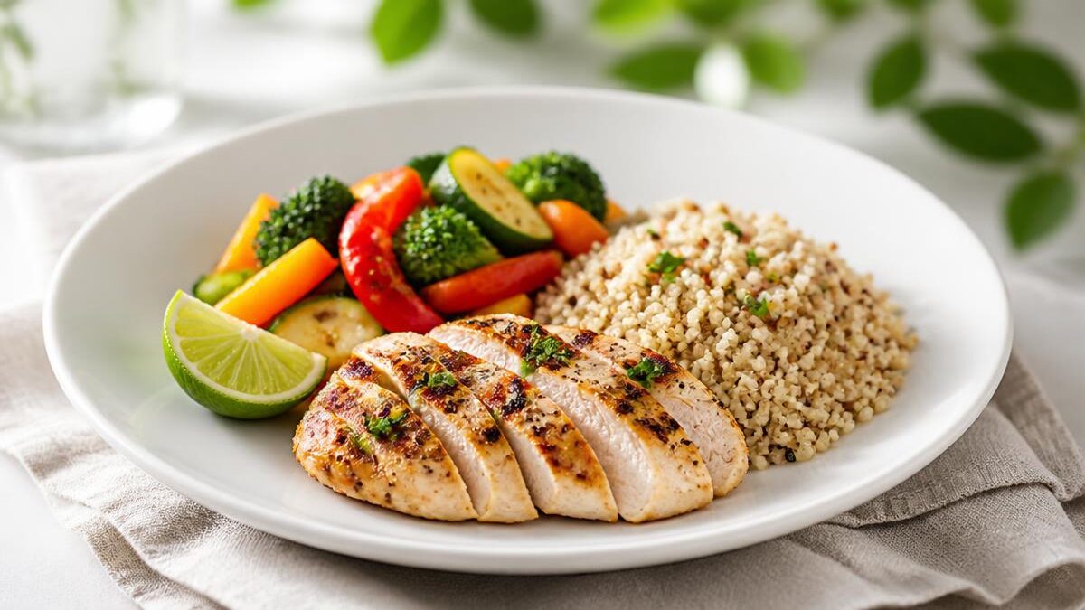 Prato equilibrado com proteína, vegetais coloridos e grãos integrais sobre mesa clara