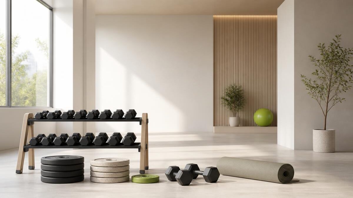 Halteres e anilhas organizados em academia com luz natural e tapete de yoga ao lado