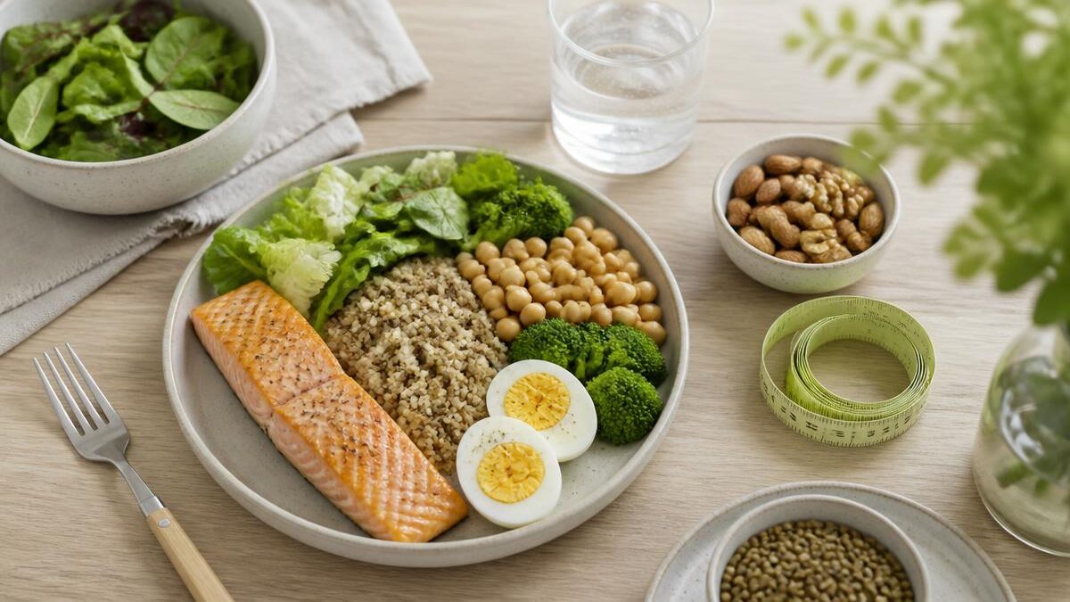 Prato equilibrado com proteína, vegetais coloridos e grãos integrais sobre mesa clara, com luz natural suave e acento verde limão discreto