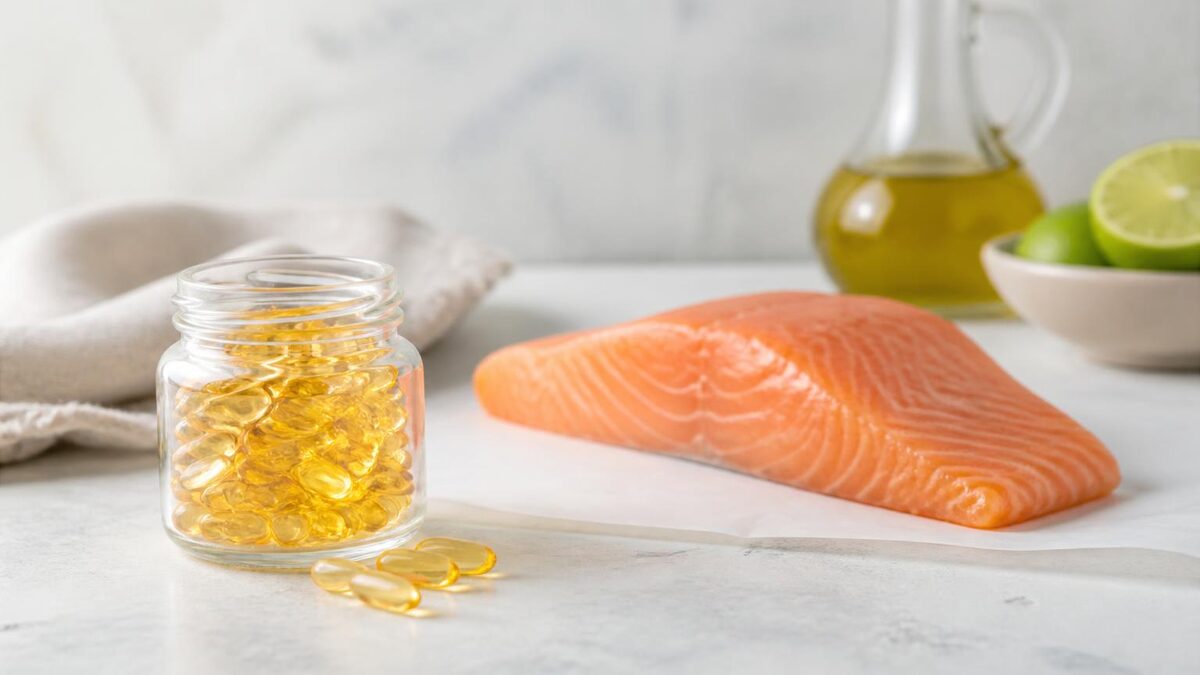 Cápsulas de óleo de peixe âmbar num pote de vidro ao lado de uma posta de salmão fresco