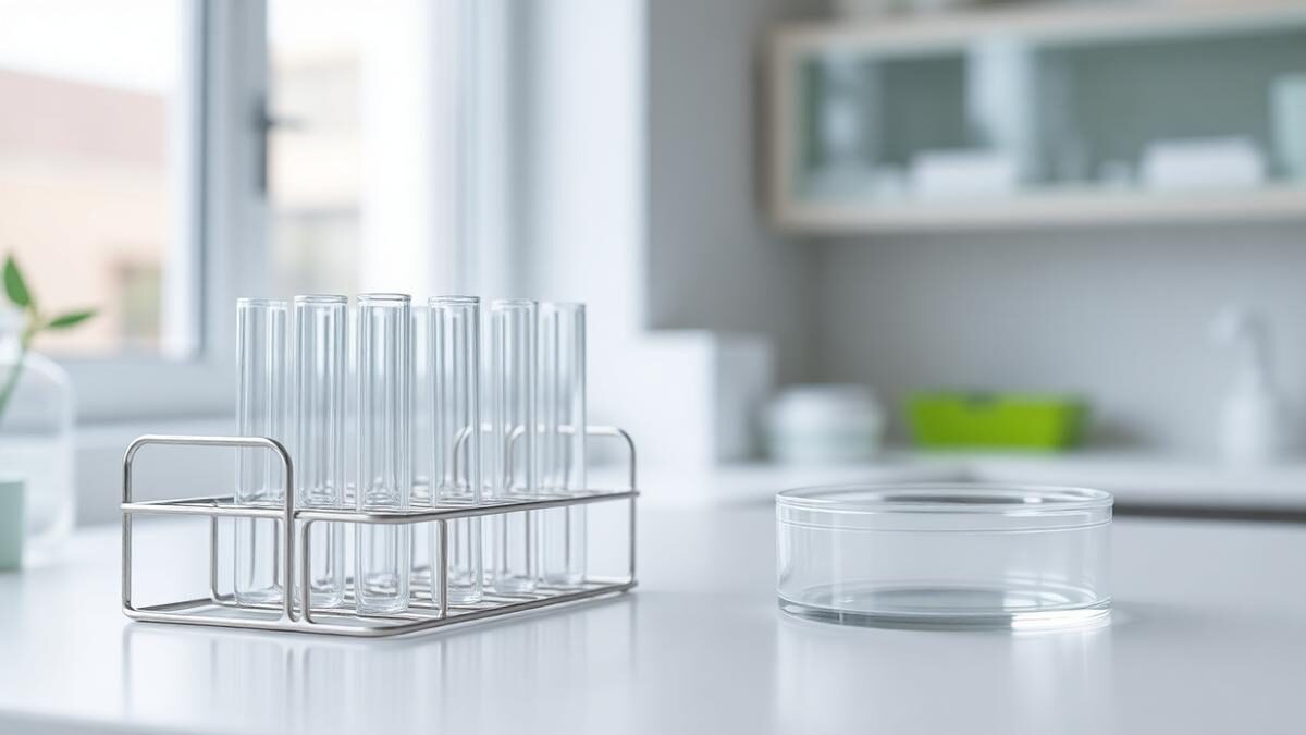Bancada de laboratório clara e minimalista com tubos de ensaio de vidro transparente vazios em suporte de aço e placa de Petri fechada, sob luz natural de janela lateral