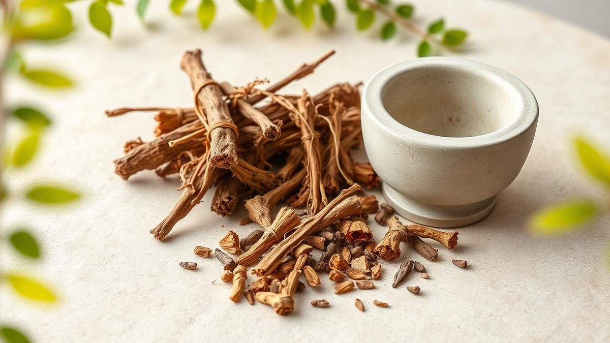 Raízes e pedaços de caule seco de planta medicinal sobre superfície de pedra clara ao lado de pilão de pedra vazio, com textura natural visível sob luz natural suave