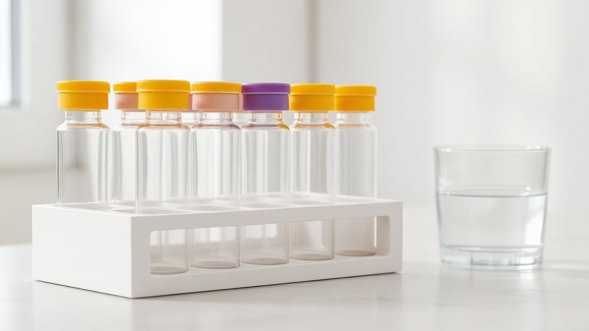 Tubos de coleta de sangue vazios e sem etiqueta apoiados em suporte branco sobre bancada clara de consultório, ao lado de copo de vidro com água, sob luz natural lateral