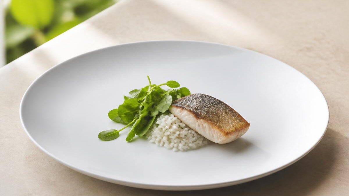 Refeição pequena de arroz, folhas verdes e um filé pequeno de peixe servida no centro de um prato branco grande sobre bancada de pedra clara com luz natural suave