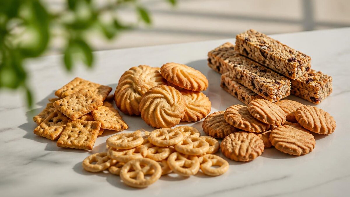 Biscoitos amanteigados, salgadinhos crocantes e barras de cereal soltos sobre tábua de mármore claro, sem embalagem, sob luz natural lateral com sombras longas
