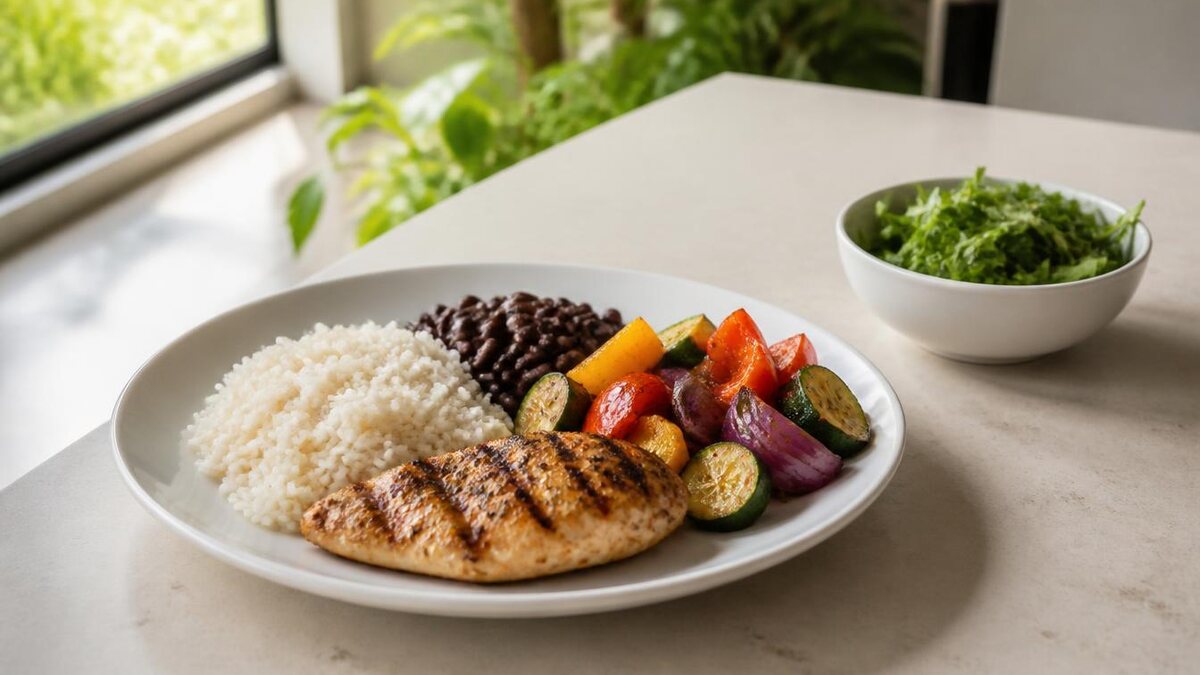 Refeição caseira minimamente processada em prato branco fosco sobre bancada de pedra clara, com arroz, feijão, legumes coloridos assados e filé de peito de frango grelhado, e um pote pequeno de folhas verdes ao lado